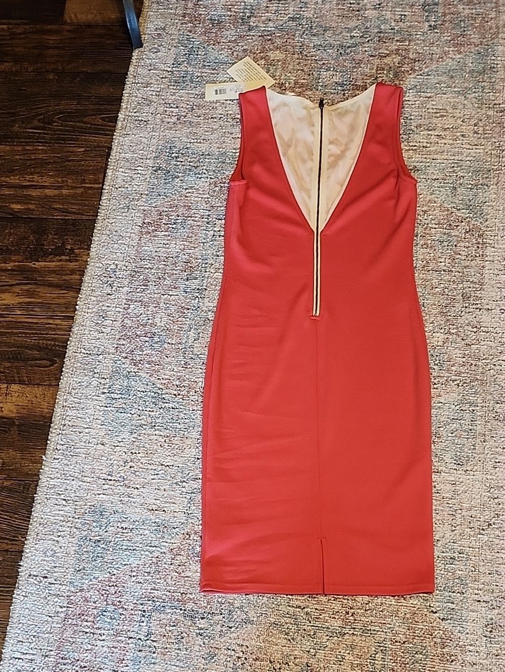 MM Couture Coral Sheath Dress with V-Back Zip Detail